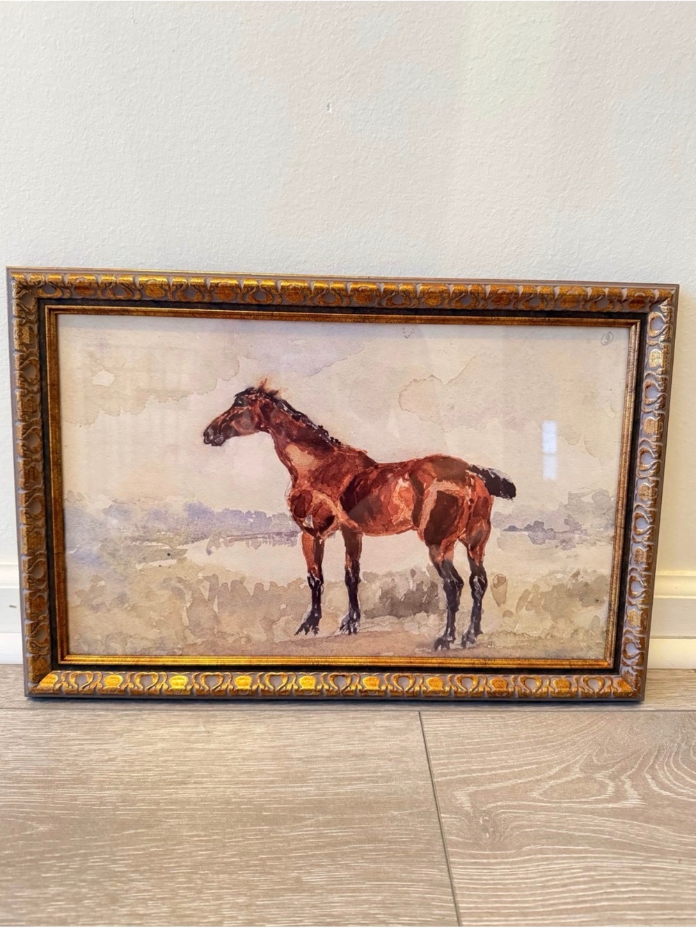 Framed Watercolor Horse Artwork in Brown Tones